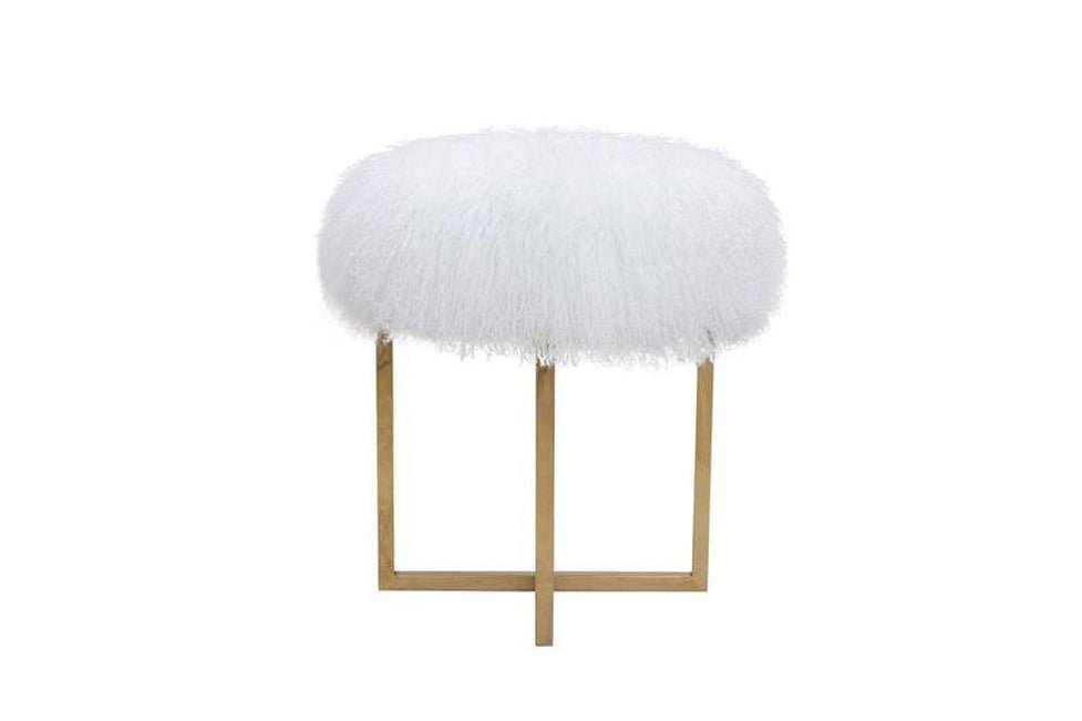 Canvello Home Sorrento Collection Mongolian Fur White & Gold Ottoman-1