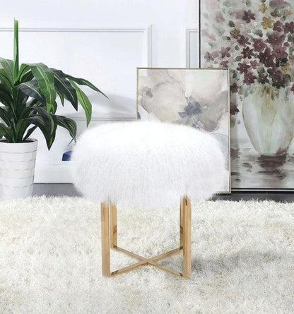 Canvello Home Sorrento Collection Mongolian Fur White & Gold Ottoman-4