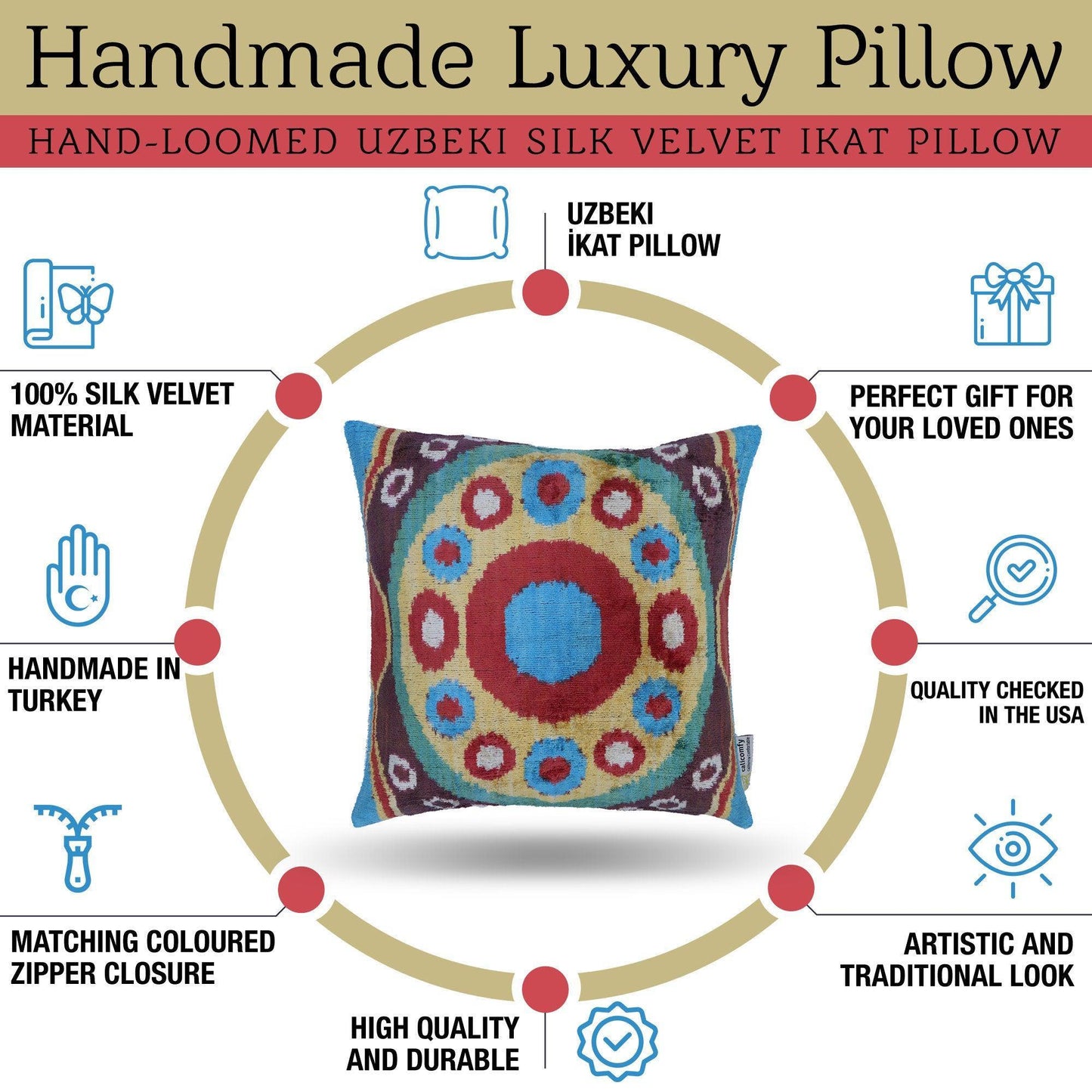 Canvello Silk Velvet Gold Blue Red Pillows - 16x16 in-3