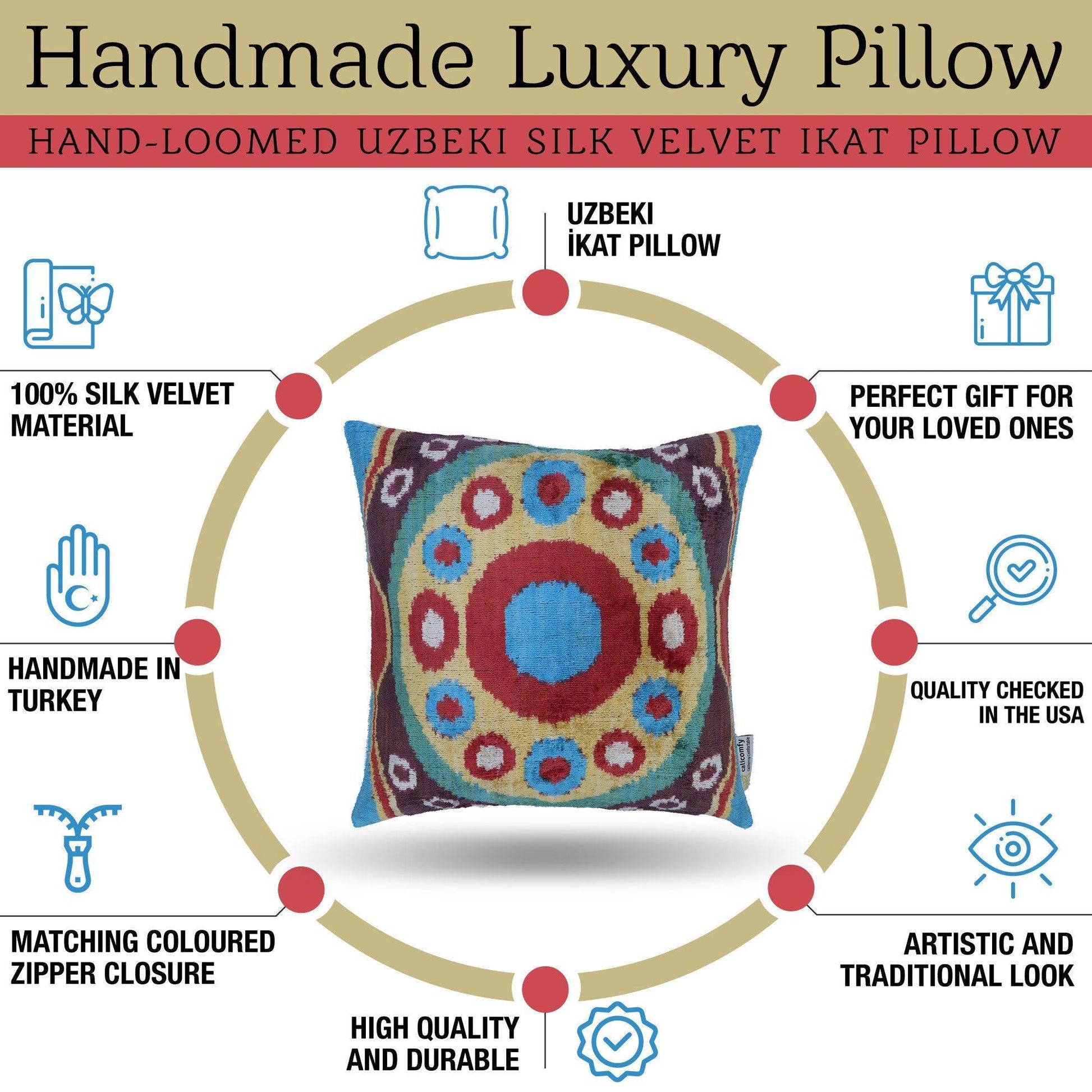 Canvello Silk Velvet Gold Blue Red Pillows - 16x16 in-3