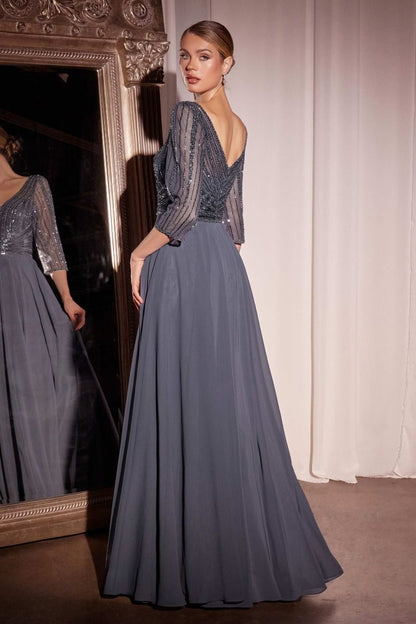 Three Quarter Sleeve Beaded Chiffon Dress-1