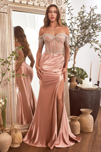 Embellished Off The Shoulder Satin Gown-6