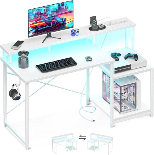 Computer Desk, 48 Inch Gaming Desk with Led Lights & Power Outlet, Office Desk with Printer Storage Shelves, Reversible Desk with Monitor Shelf & Headphone Hook, White-0