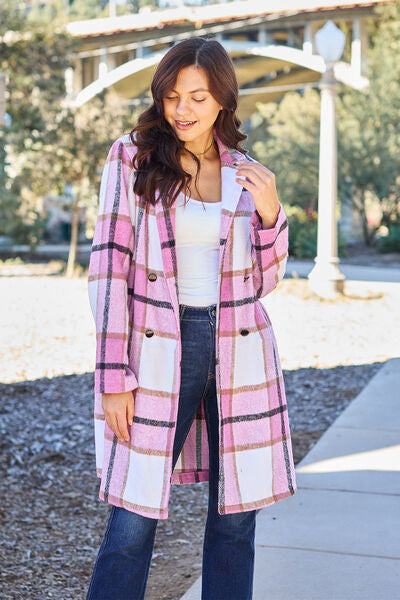 Double Take Full Size Plaid Button Up Lapel Collar Coat-0