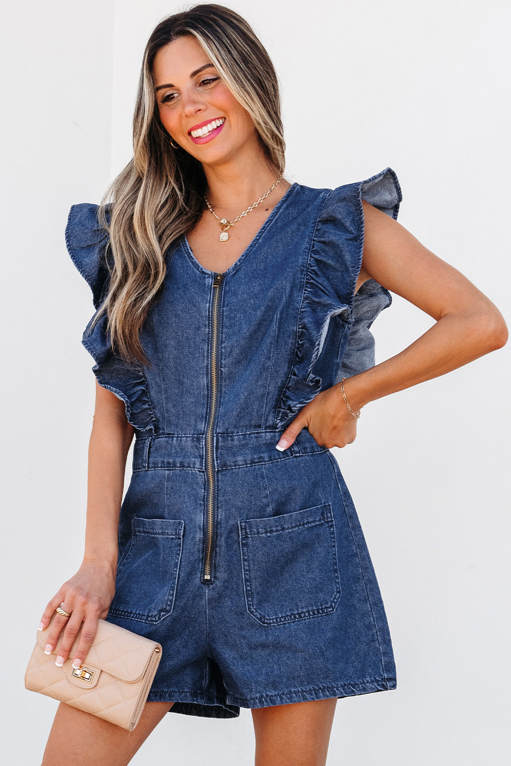 Amora Denim Ruffled Zipped Front Belted Romper-2