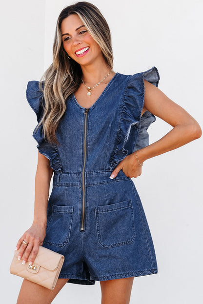 Amora Denim Ruffled Zipped Front Belted Romper-2