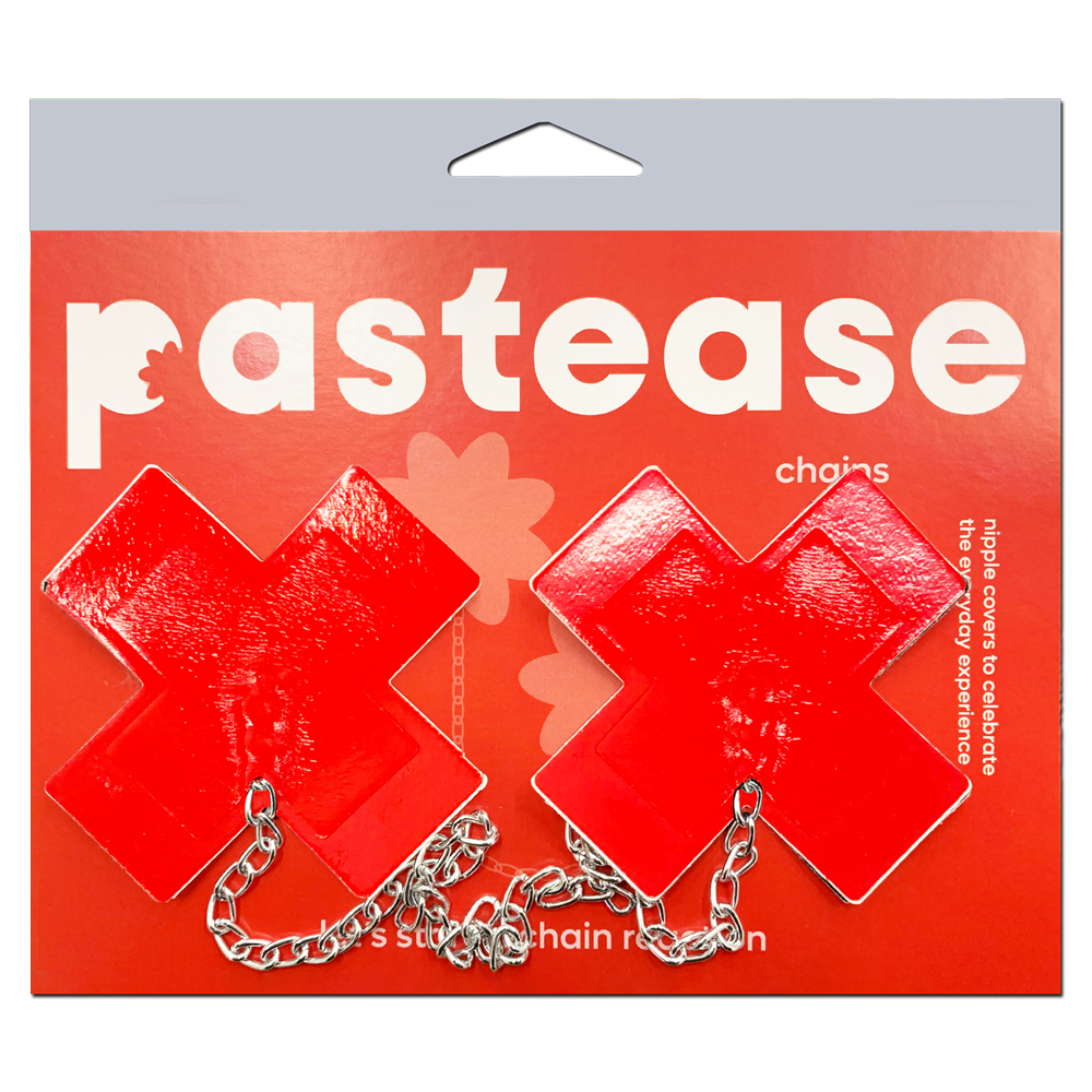 Chains: Faux Latex Pleather Vinyl Red Plus X Cross with Chunky Silver Chain Nipple Pasties by Pastease®-1