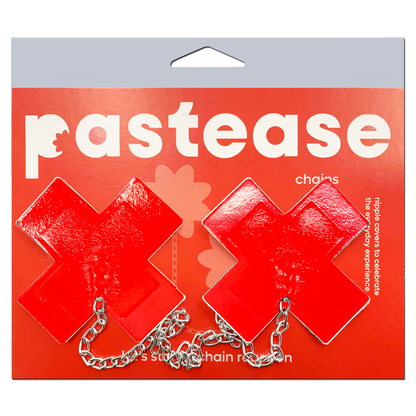 Chains: Faux Latex Pleather Vinyl Red Plus X Cross with Chunky Silver Chain Nipple Pasties by Pastease®-1