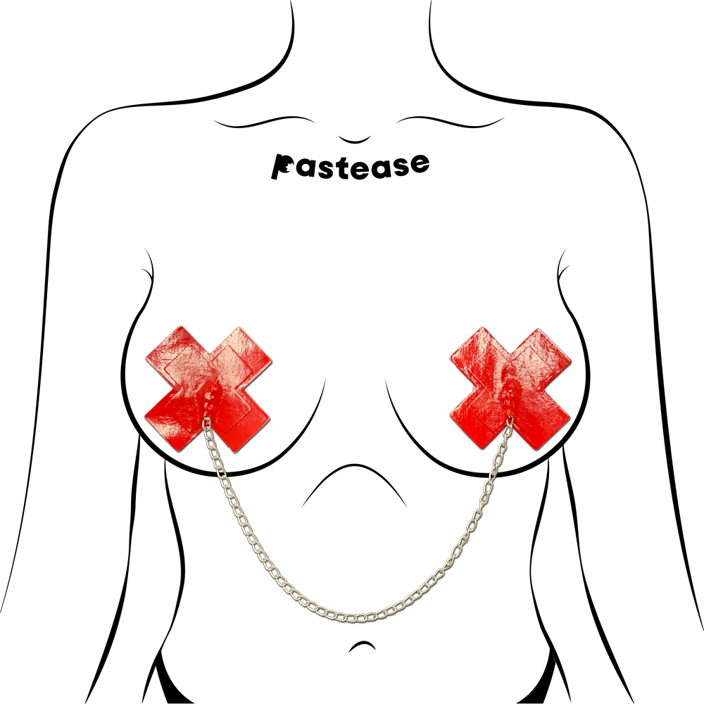 Chains: Faux Latex Pleather Vinyl Red Plus X Cross with Chunky Silver Chain Nipple Pasties by Pastease®-2