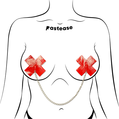 Chains: Faux Latex Pleather Vinyl Red Plus X Cross with Chunky Silver Chain Nipple Pasties by Pastease®-2