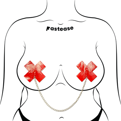 Chains: Faux Latex Pleather Vinyl Red Plus X Cross with Chunky Silver Chain Nipple Pasties by Pastease®-3