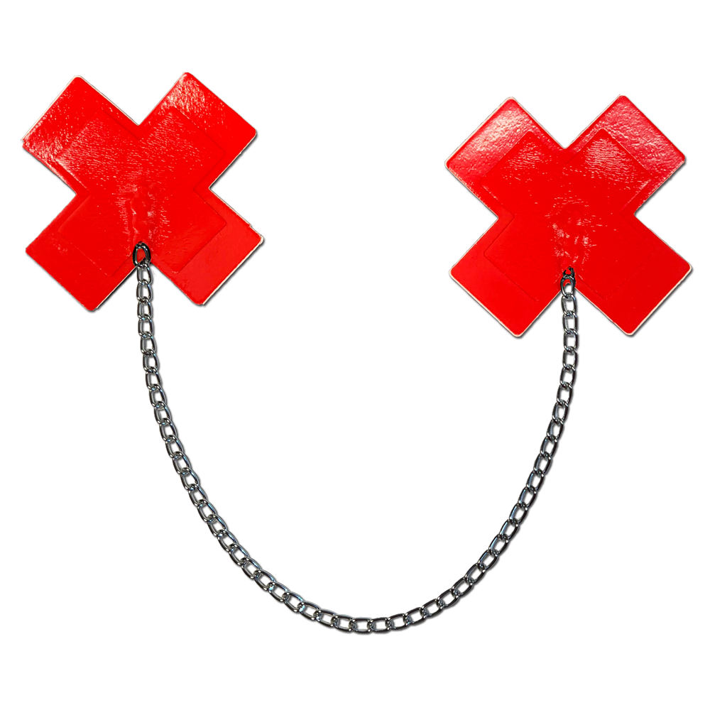 Chains: Faux Latex Pleather Vinyl Red Plus X Cross with Chunky Silver Chain Nipple Pasties by Pastease®-0