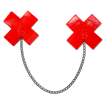 Chains: Faux Latex Pleather Vinyl Red Plus X Cross with Chunky Silver Chain Nipple Pasties by Pastease®-0