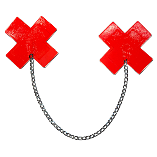 Chains: Faux Latex Pleather Vinyl Red Plus X Cross with Chunky Silver Chain Nipple Pasties by Pastease®-0