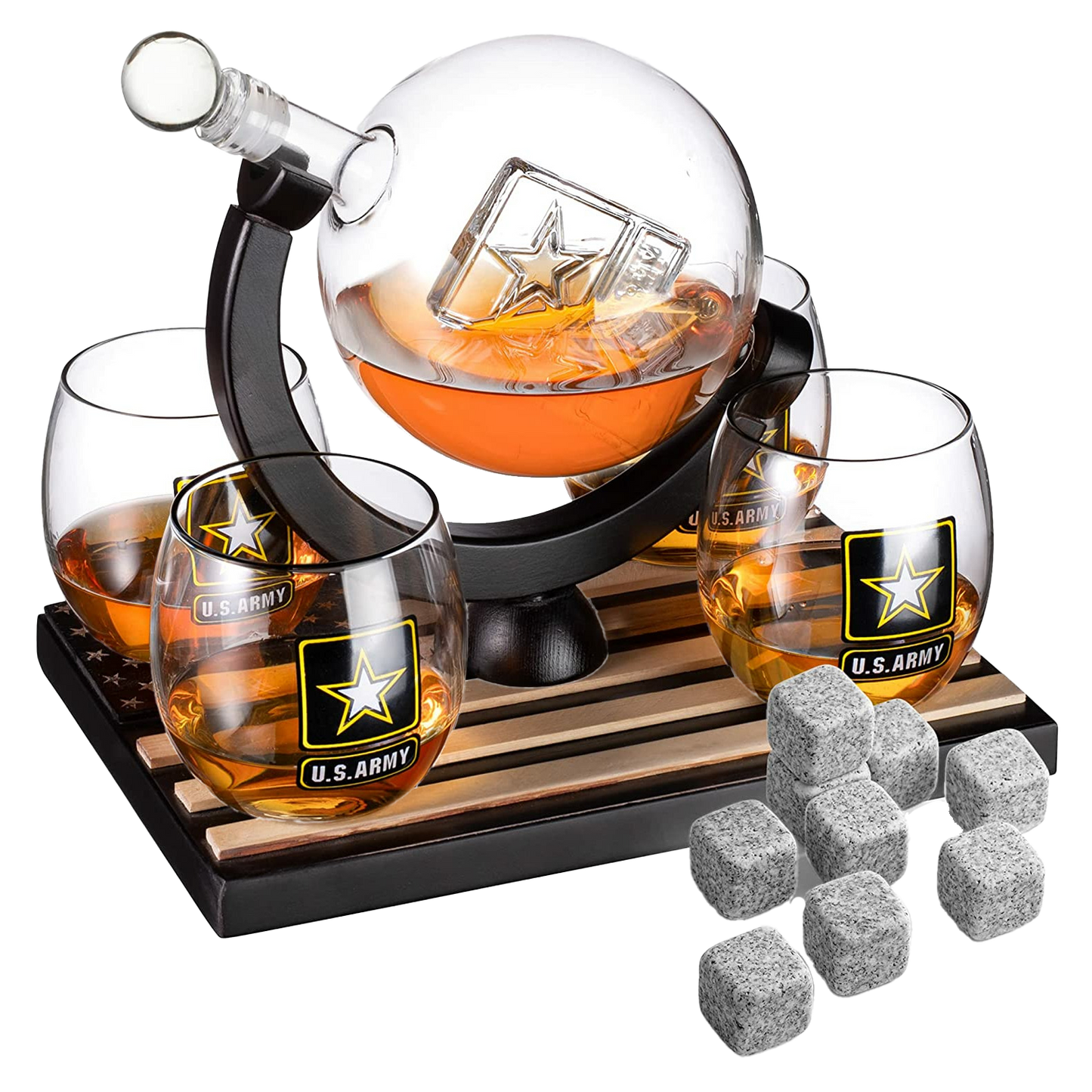 Army Globe Whiskey Decanter Set & 4 Liquor Glasses - Whisky Decanter & Glass Set with Wood Base and 9 Whiskey Stone - Father's Day US Army Licensed Gifts for Men - Bourbon Scotch Military Veteran Gift-0