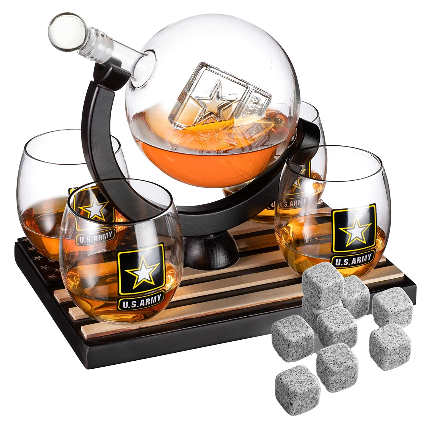 Army Globe Whiskey Decanter Set & 4 Liquor Glasses - Whisky Decanter & Glass Set with Wood Base and 9 Whiskey Stone - Father's Day US Army Licensed Gifts for Men - Bourbon Scotch Military Veteran Gift-0