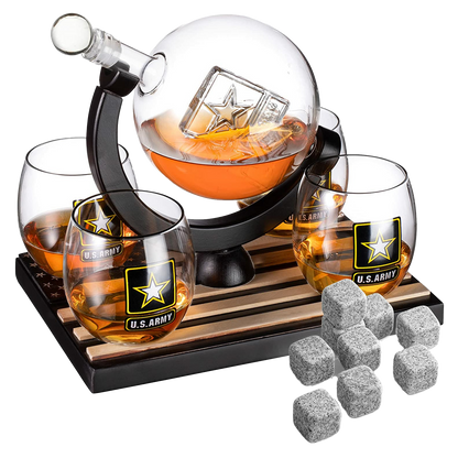 Army Globe Whiskey Decanter Set & 4 Liquor Glasses - Whisky Decanter & Glass Set with Wood Base and 9 Whiskey Stone - Father's Day US Army Licensed Gifts for Men - Bourbon Scotch Military Veteran Gift-0