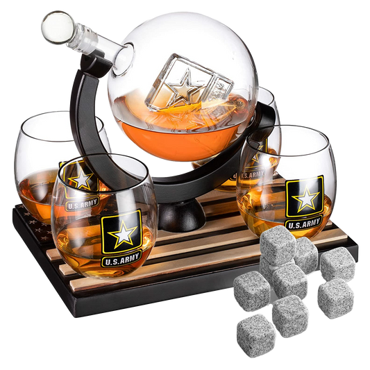 Army Globe Whiskey Decanter Set & 4 Liquor Glasses - Whisky Decanter & Glass Set with Wood Base and 9 Whiskey Stone - Father's Day US Army Licensed Gifts for Men - Bourbon Scotch Military Veteran Gift-0