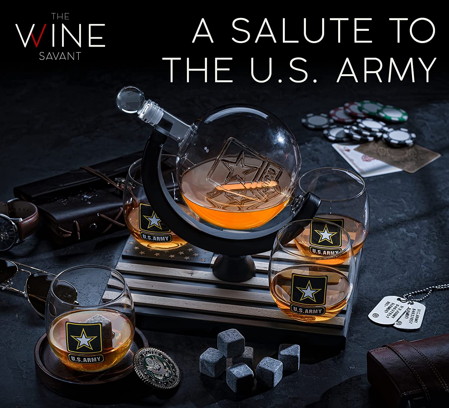 Army Globe Whiskey Decanter Set & 4 Liquor Glasses - Whisky Decanter & Glass Set with Wood Base and 9 Whiskey Stone - Father's Day US Army Licensed Gifts for Men - Bourbon Scotch Military Veteran Gift-1
