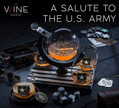 Army Globe Whiskey Decanter Set & 4 Liquor Glasses - Whisky Decanter & Glass Set with Wood Base and 9 Whiskey Stone - Father's Day US Army Licensed Gifts for Men - Bourbon Scotch Military Veteran Gift-1