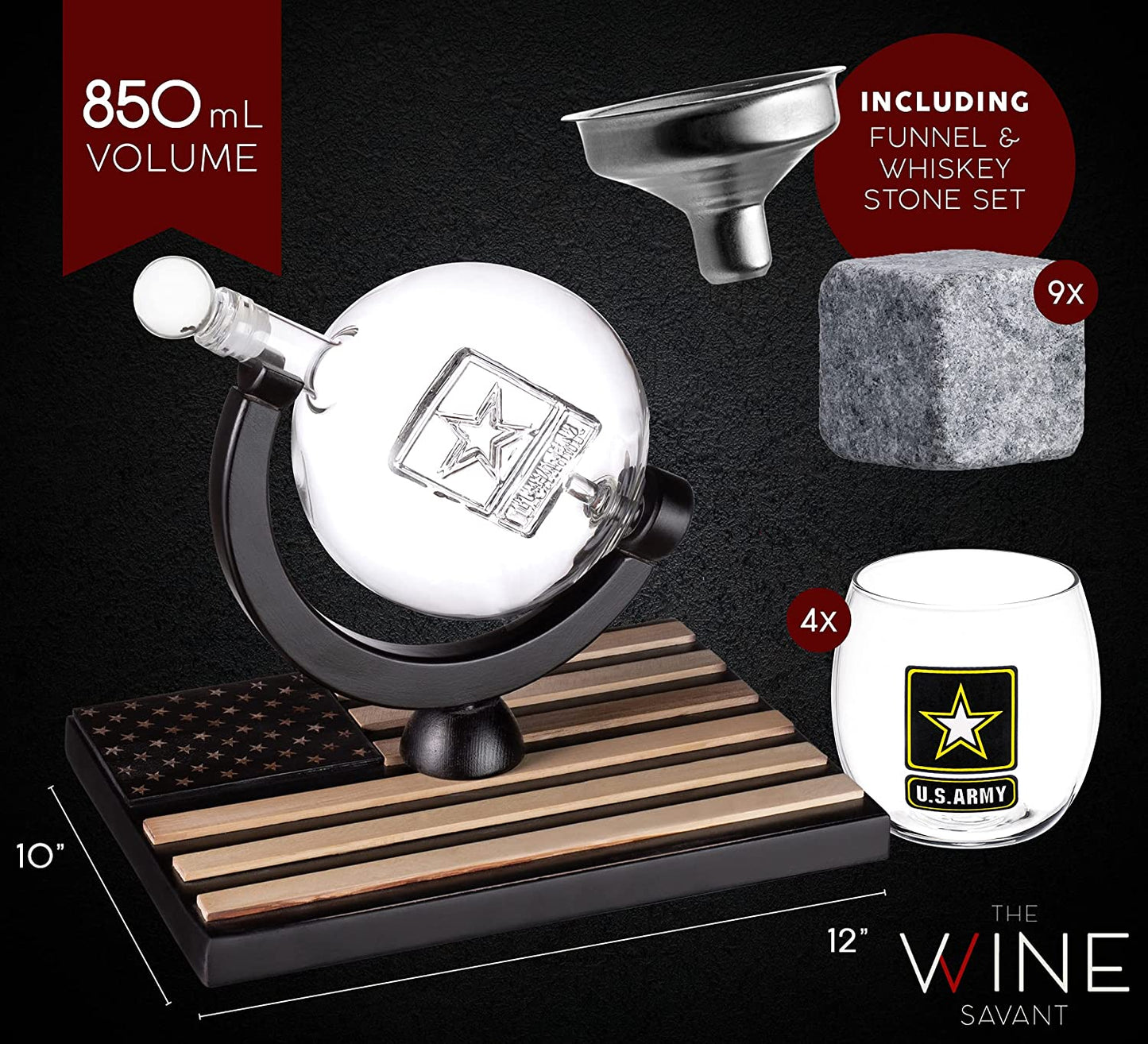 Army Globe Whiskey Decanter Set & 4 Liquor Glasses - Whisky Decanter & Glass Set with Wood Base and 9 Whiskey Stone - Father's Day US Army Licensed Gifts for Men - Bourbon Scotch Military Veteran Gift-2