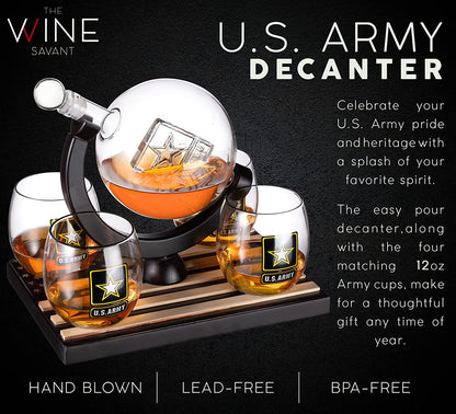 Army Globe Whiskey Decanter Set & 4 Liquor Glasses - Whisky Decanter & Glass Set with Wood Base and 9 Whiskey Stone - Father's Day US Army Licensed Gifts for Men - Bourbon Scotch Military Veteran Gift-3