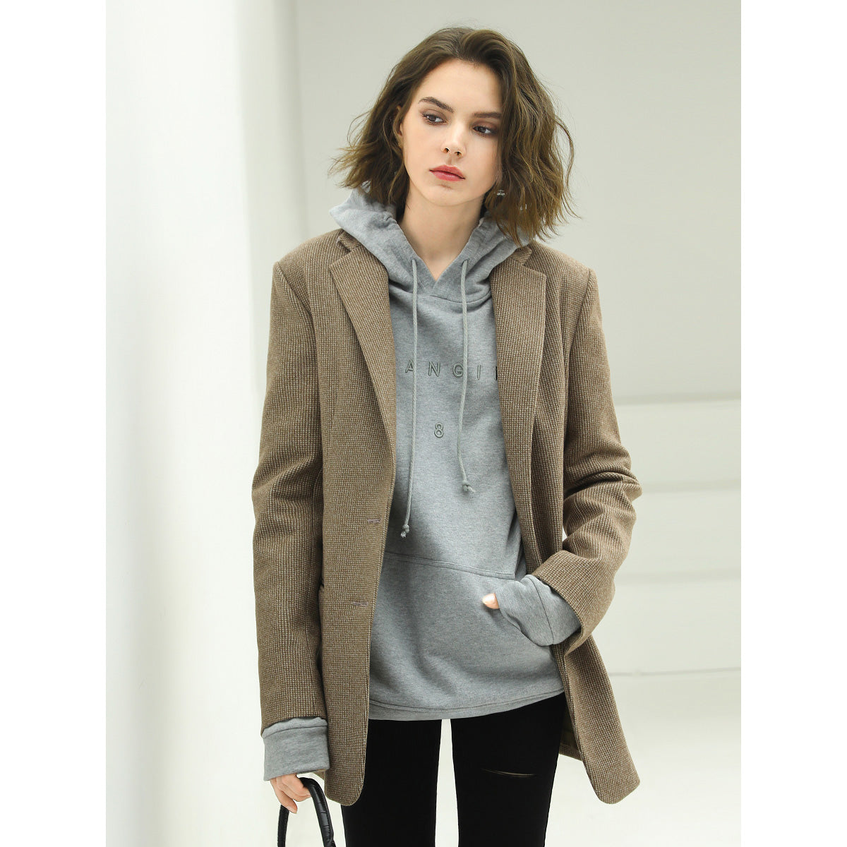 Classic Houndstooth Single Breasted Khaki Blazer-0