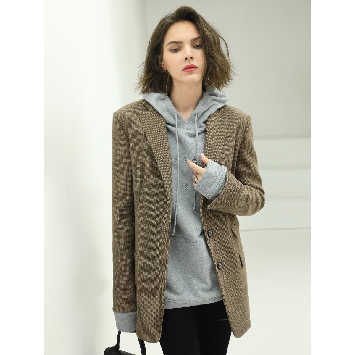 Classic Houndstooth Single Breasted Khaki Blazer-1