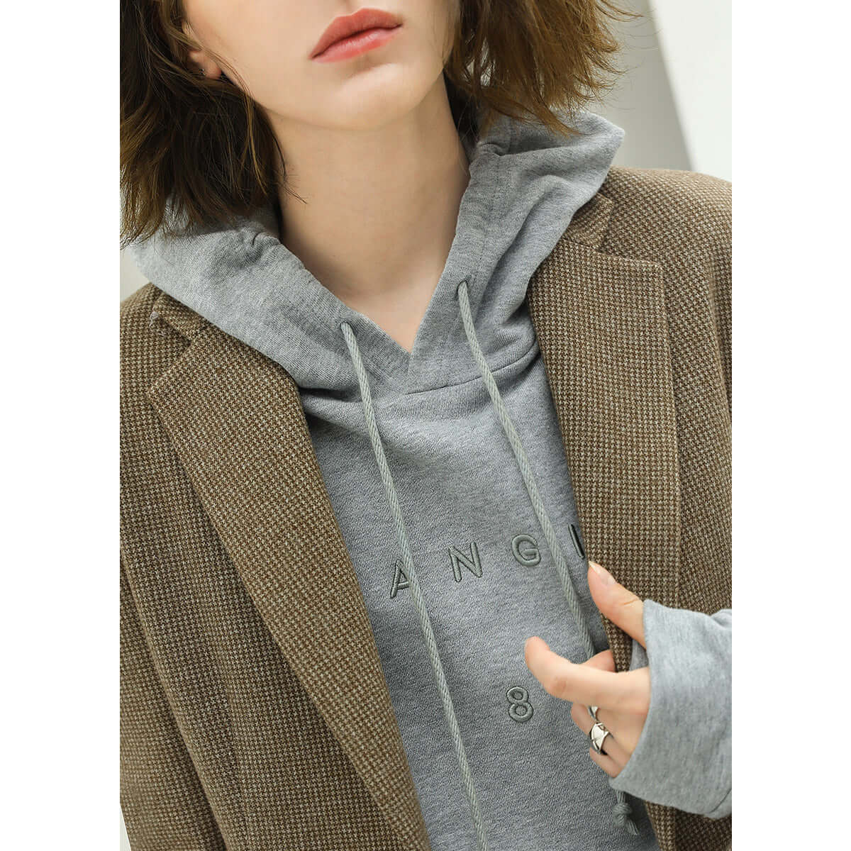 Classic Houndstooth Single Breasted Khaki Blazer-2