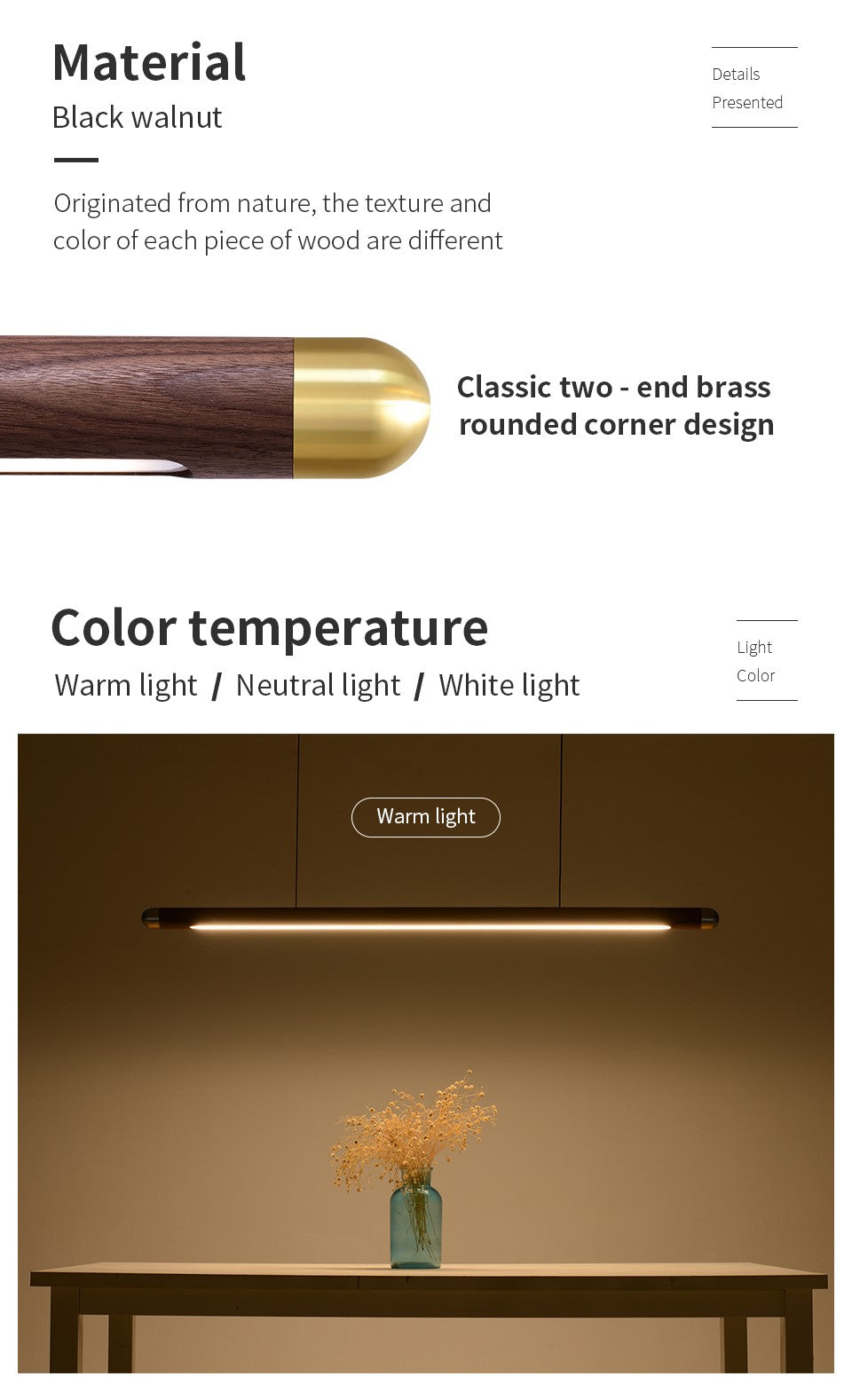 Contemporary Solid Wood and Brass Pendant Light-3