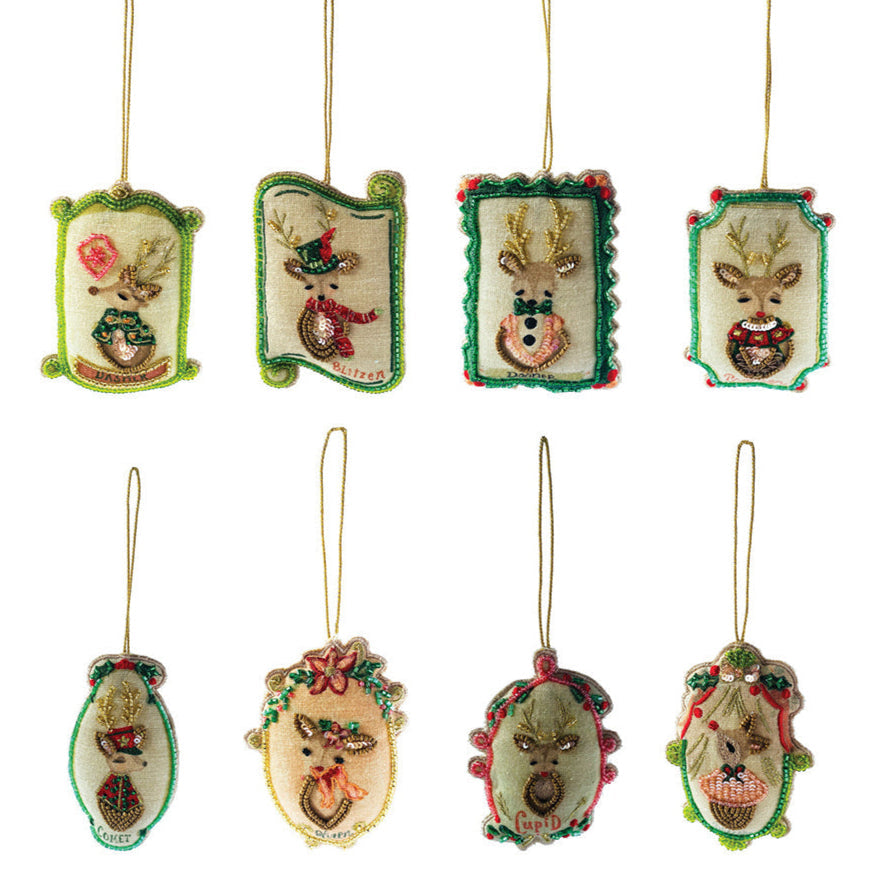 Cotton Santa's Reindeer Ornament w/ Glass Beads & Sequins Set of 8-0