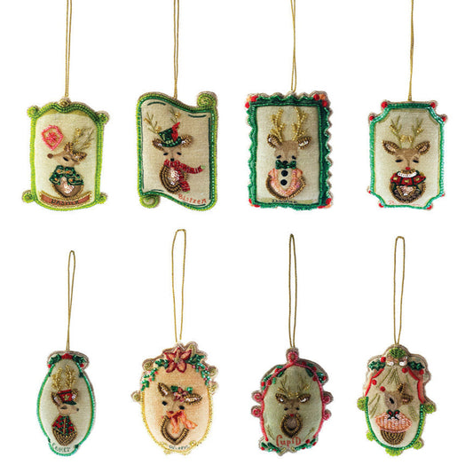 Cotton Santa's Reindeer Ornament w/ Glass Beads & Sequins Set of 8-0