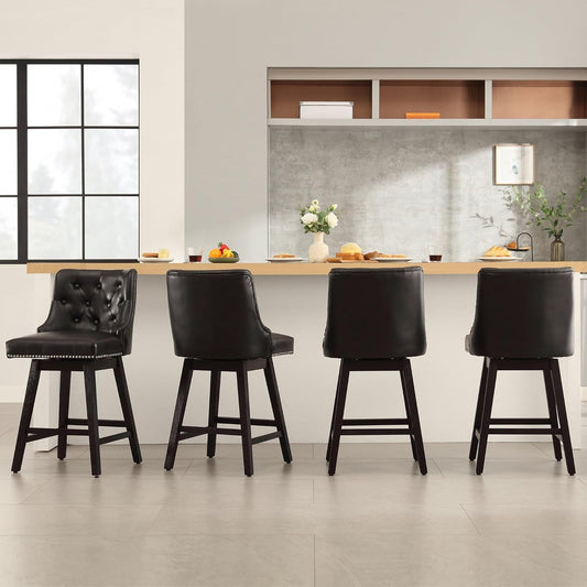 Counter Height Bar Stools Set of 4, 26" Swivel Bar Stools with Backs and Solid Wood Legs, Mid Century Morden Faux Leather Upholstered Barstools for Kitchen Island, Home Bar, Black-0