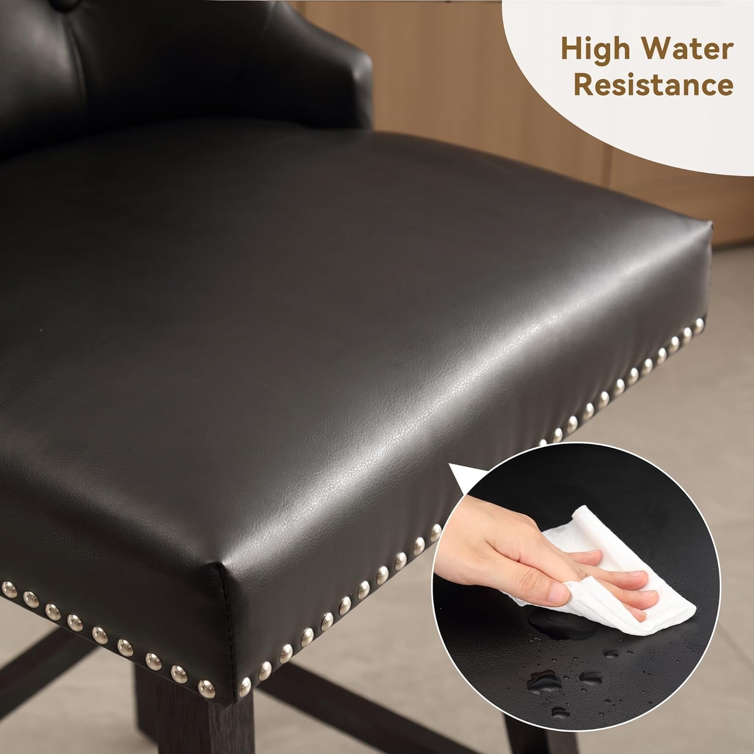 Counter Height Bar Stools Set of 4, 26" Swivel Bar Stools with Backs and Solid Wood Legs, Mid Century Morden Faux Leather Upholstered Barstools for Kitchen Island, Home Bar, Black-3