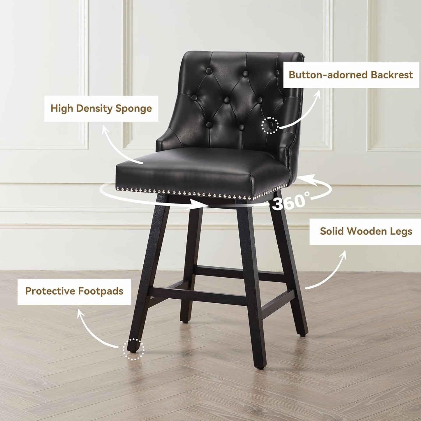 Counter Height Bar Stools Set of 4, 26" Swivel Bar Stools with Backs and Solid Wood Legs, Mid Century Morden Faux Leather Upholstered Barstools for Kitchen Island, Home Bar, Black-2