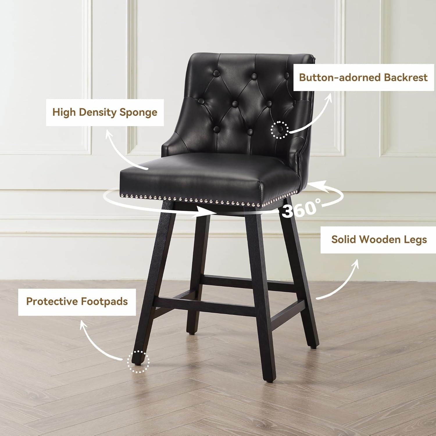 Counter Height Bar Stools Set of 4, 26" Swivel Bar Stools with Backs and Solid Wood Legs, Mid Century Morden Faux Leather Upholstered Barstools for Kitchen Island, Home Bar, Black-2