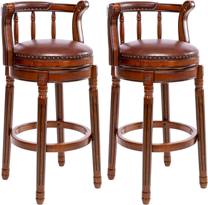Cow Top Leather Wooden Bar Stools, 360 Degree Swivel Bar Height Chair with Backs for Home Kitchen Counter, Morden Chair Barstools (Brown 2Pcs, Bar Height-Seat Height 29.5”)-0