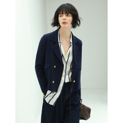 Cropped Double Breasted Knitted Navy Blazer-0