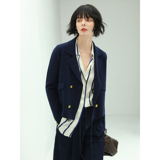 Cropped Double Breasted Knitted Navy Blazer-0