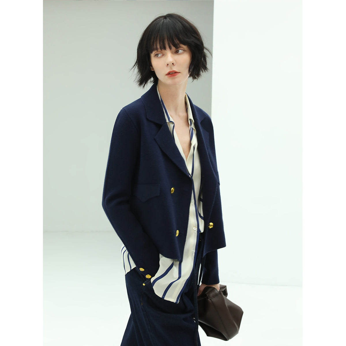 Cropped Double Breasted Knitted Navy Blazer-1