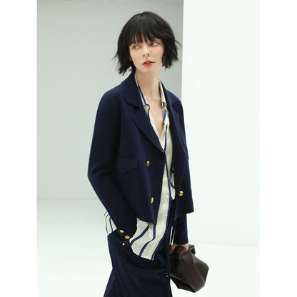 Cropped Double Breasted Knitted Navy Blazer-1