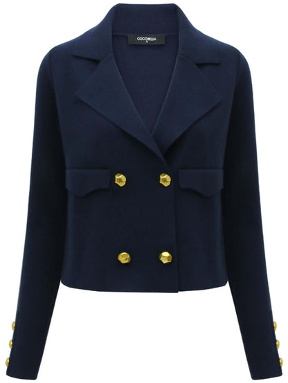 Cropped Double Breasted Knitted Navy Blazer-3