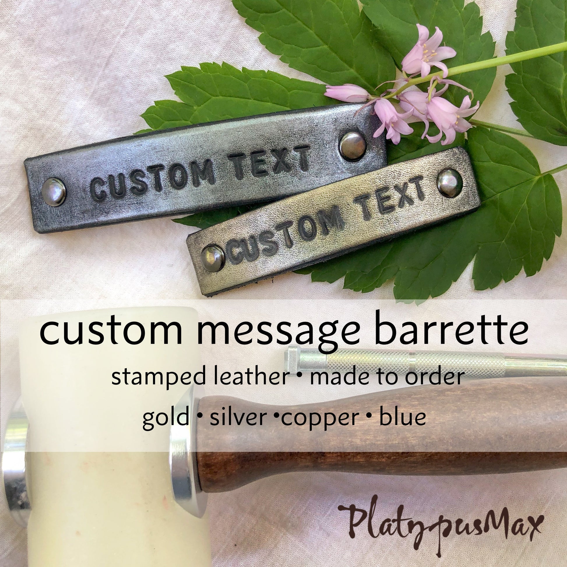 Custom Text Message / Stamped Words, Name, ZIP Code Leather Barrette-1