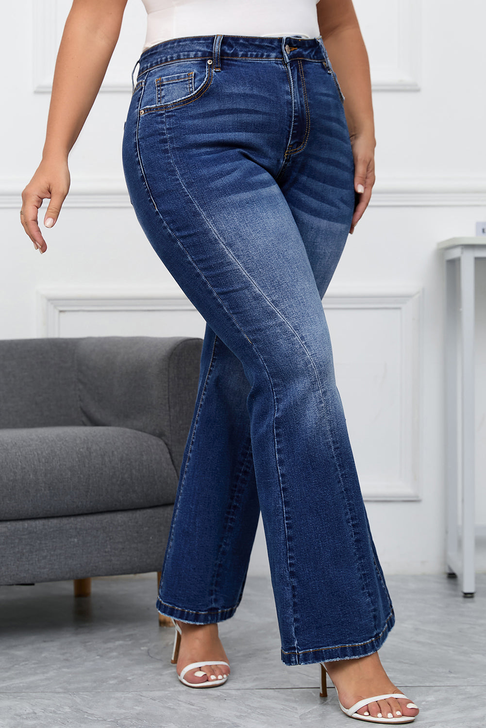 Aila Dark Blue Plus Size Stitching Flare Jeans-3