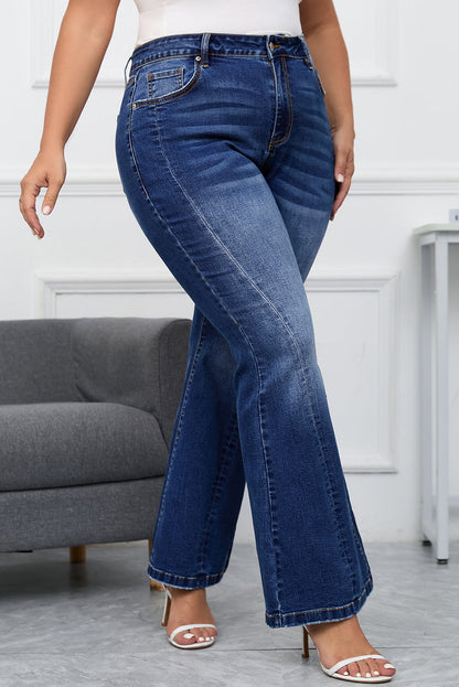 Aila Dark Blue Plus Size Stitching Flare Jeans-3