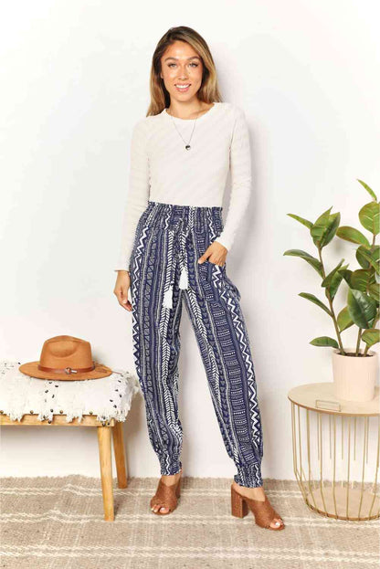 Double Take Geometric Print Tassel High-Rise Pants-4