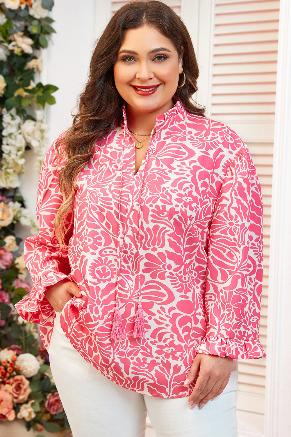 Alanna Plus Size Floral Frilled Neck Top-0