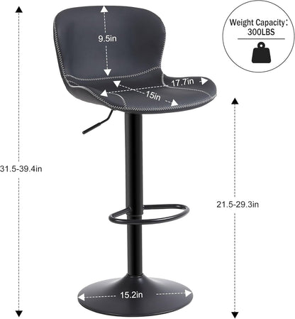Bar Stools Set of 2, PU Leather Counter Height Barstools with Back, Height Adjustable Swivel Bar Chairs, Modern Armless Kitchen Island Stool, Black-2