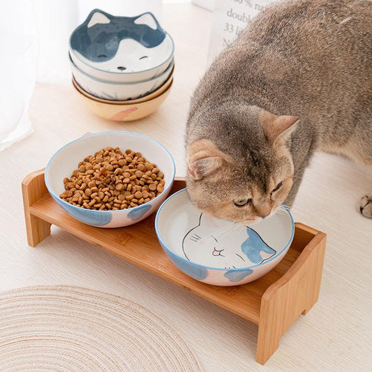 Elevated Ceramic Cat Bowl Set With Shelf - Promotes Healthy Posture And Double Feeding-0