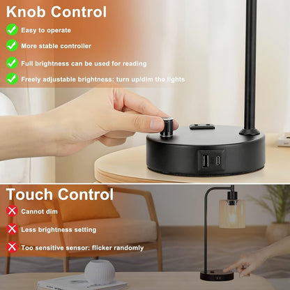 Industrial Bedroom Lamps for Nightstand Set of 2 - Fully Dimmable Bedside Lamps with USB a C Ports and Outlet, Black Table Lamps with Opal Glass Shade for Living Room, Desk Lamps for Office Reading-2